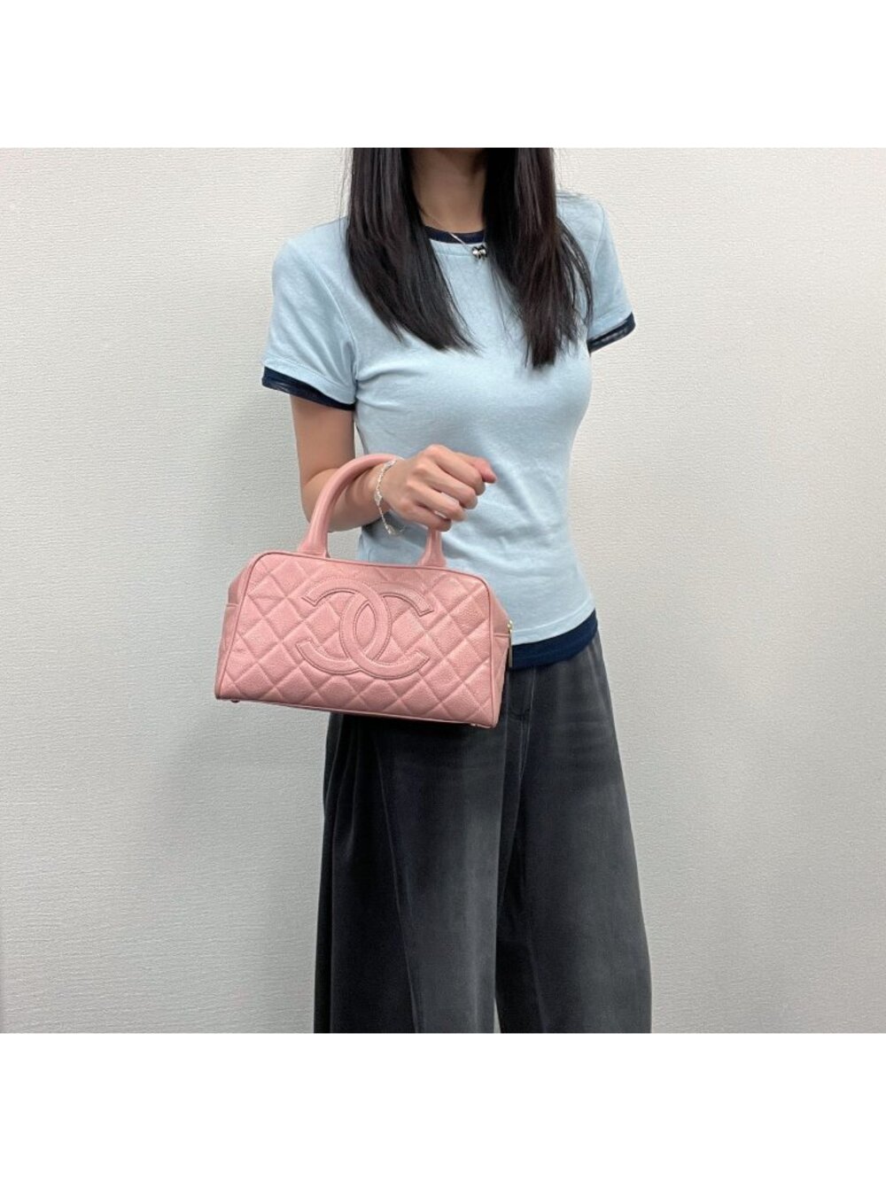 Chanel CC Logo Quilted Mini Boston Bag Caviar Leather Pink Gold Vintage